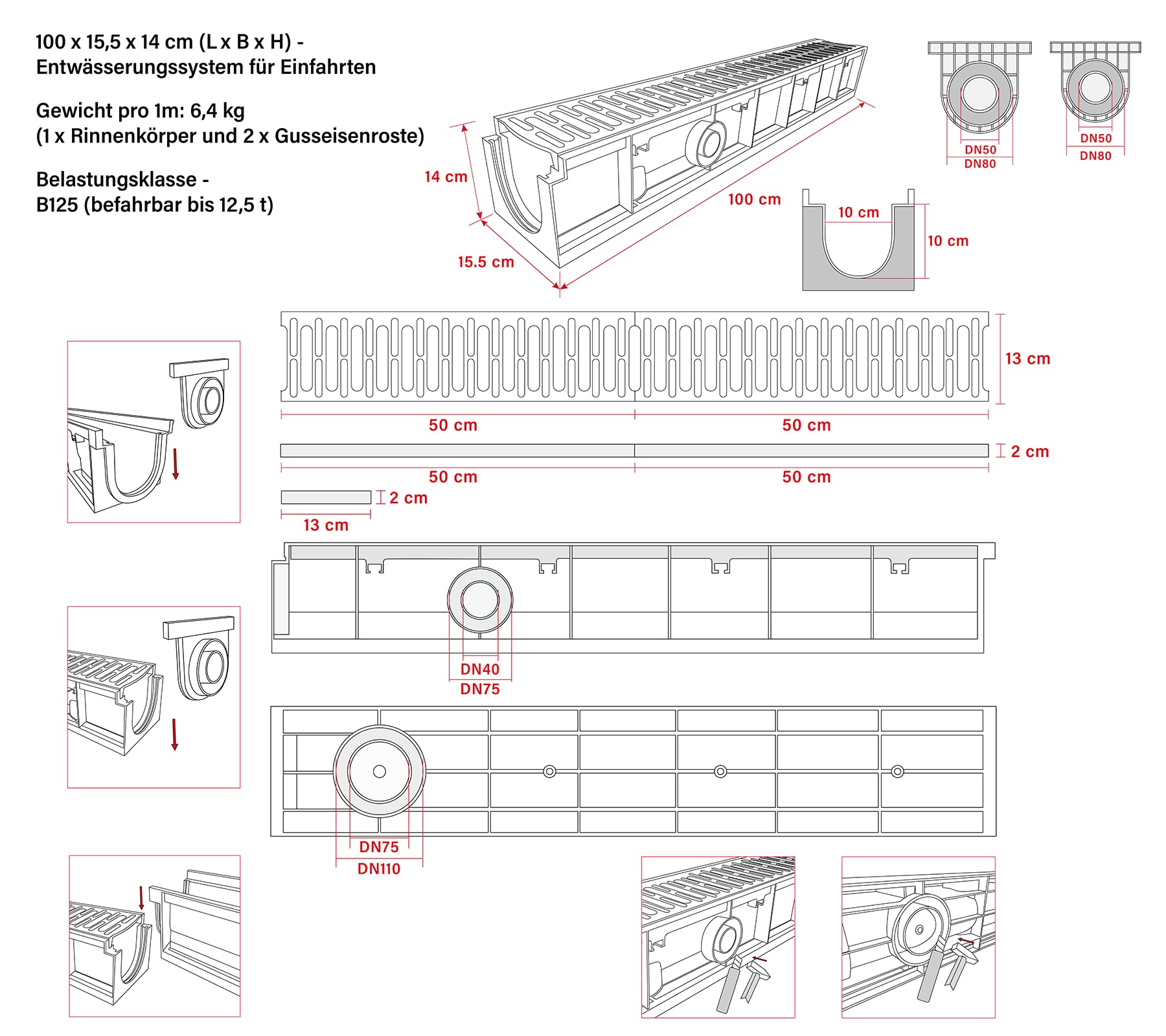 3m Entwässerungsrinne mit B125 Gussrost GJS - 1000 x 155 x 140 mm - Bodenrinne Ablaufrinne für Garage Einfahrt Parkplatz - Wetterfest Robust PKW-befahrbar bis 12,5 Tonnen - für KG-Rohr DN 110