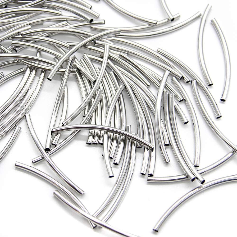 AUEAR100 Pack Plated Metal Long Curved Noodle Tube Spacer Beads 3x50mm for DIY Jewelry Making (Silver)
