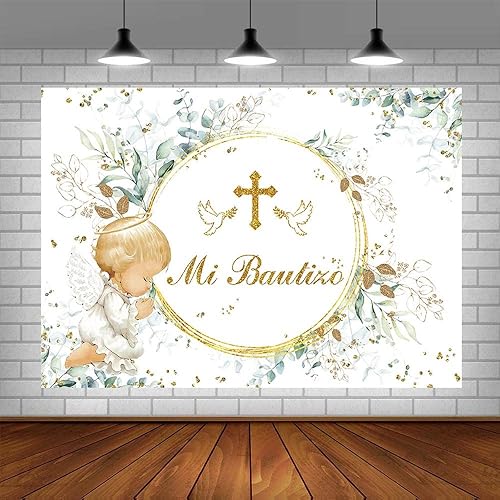 Miniatura 4 de AIBIIN Telón de fondo de 7 x 5 pies con texto en inglés Mi Bautizo, God Bless First Holy Comunión, decoraciones de fiesta de eucalipto verde para