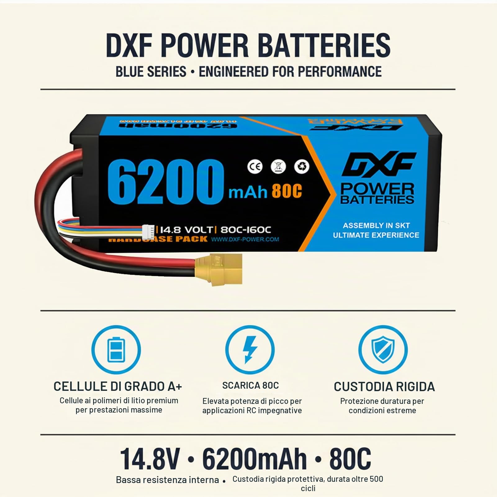 DXF Batteria LiPo 4S 14.8V 6200mAh 80C Spina XT90 Auto RC Truck Buggy 1/8 1/10 Alte Prestazioni Potente Affidabile Esperienza Decennale Gare Racing Modellismo 2 Pezzi