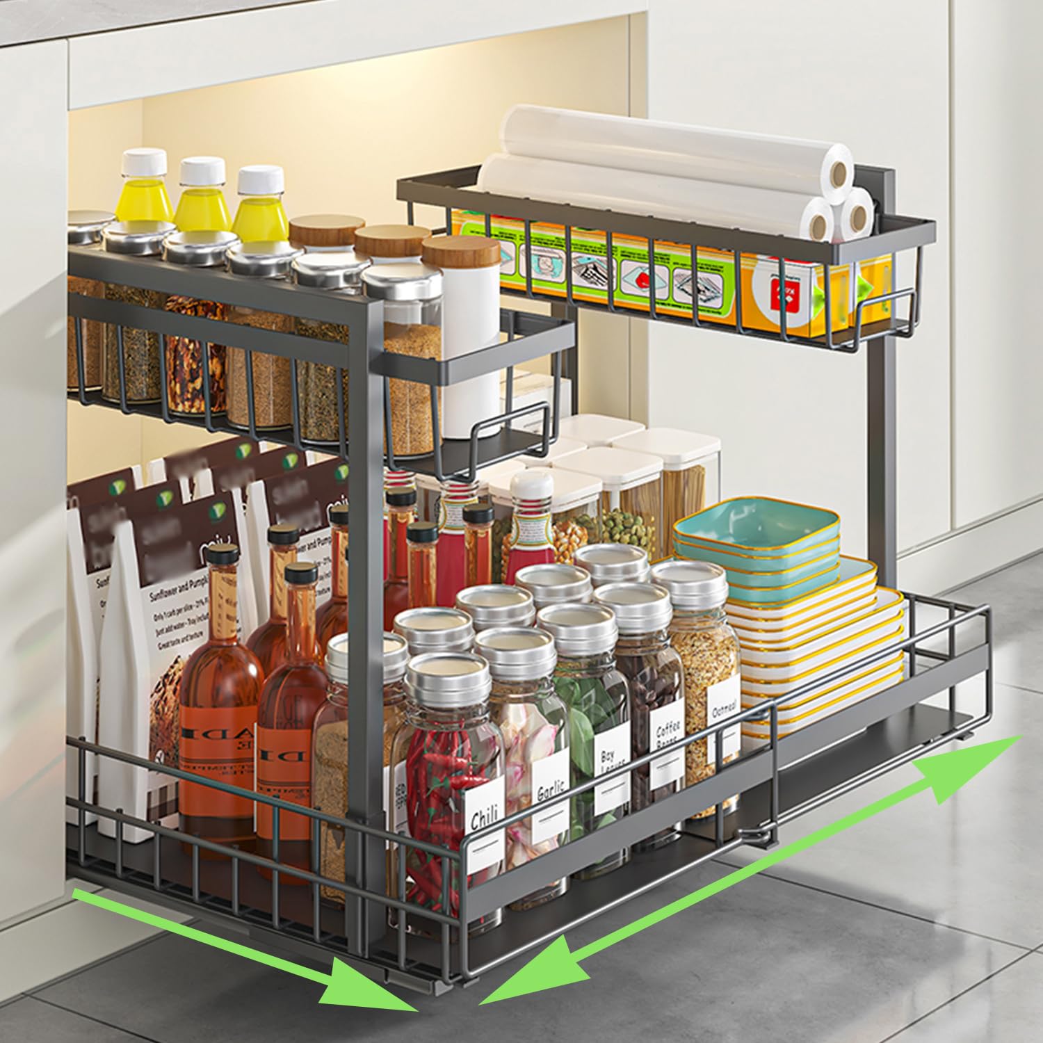 YunNasi 2 Livelli Cassetto Estraibile per Cucina, Cestelli Sottolavello, Portaoggetti e Organizzazione della Cucina, Organizzazione Sottolavello Multiuso per Bagno, Armadio, Credenza (Nero)