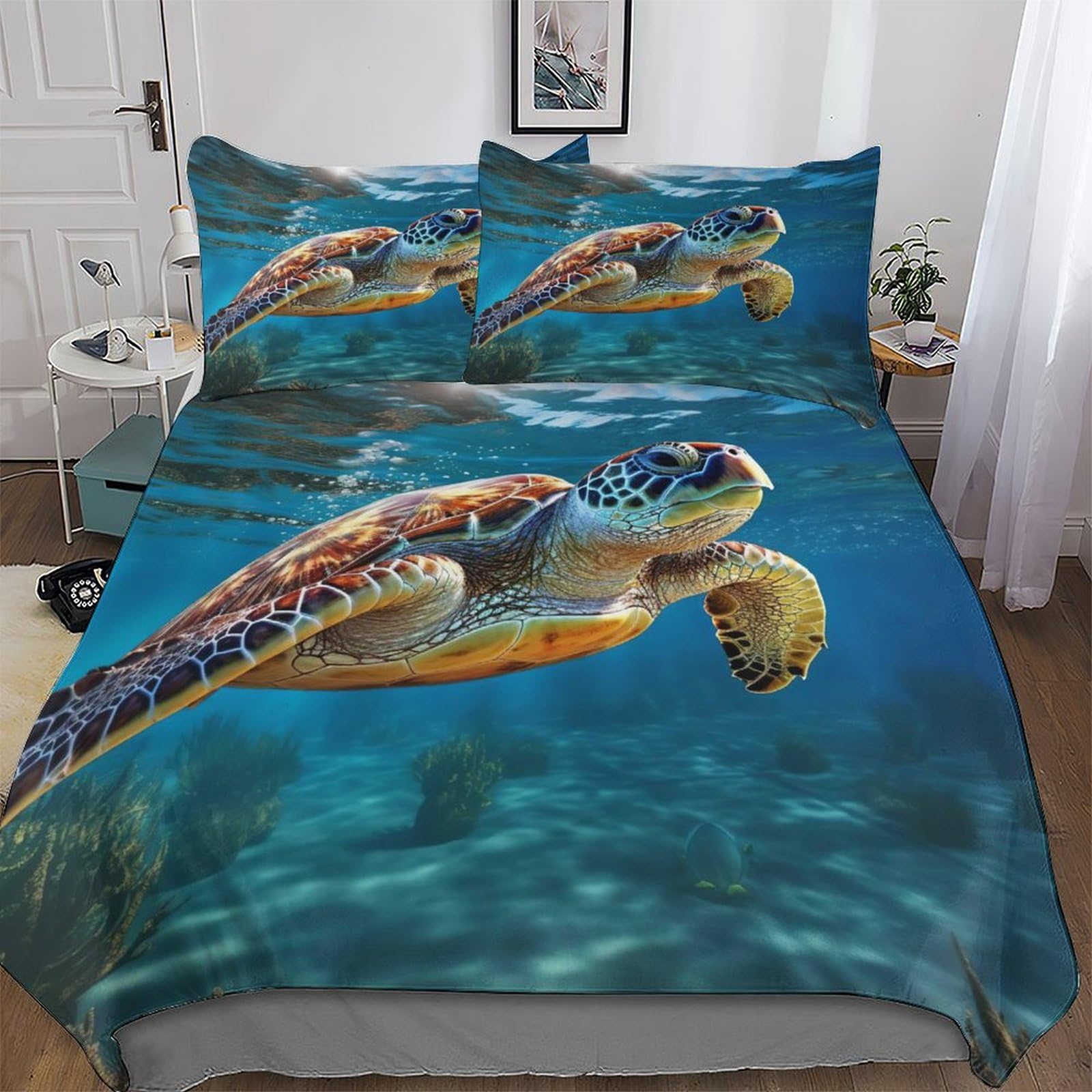Llxxhh Boys Sea Turtles Bedding Quilt Cover 3 Pieces Sets Soft Duvet Cover Comfortable Duvet Cover With Pillowcases For Girls Double (200X200cm)