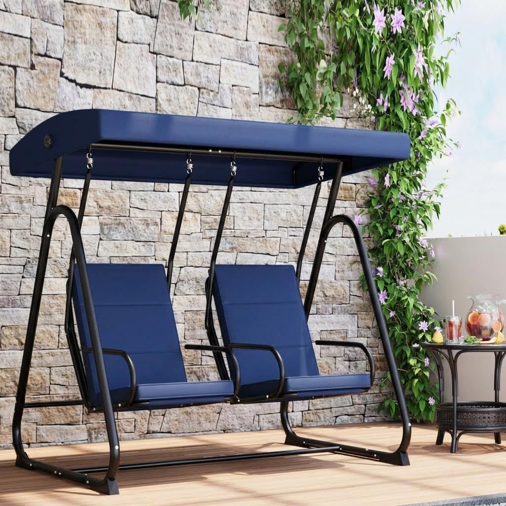 2 Person Outdoor Patio Swing Glider with Adjustable Canopy & Removable Cushions, Heavy-Duty Independent Porch Swing Chairs for Garden, Balcony, Poolside, Backyard – Dark Blue