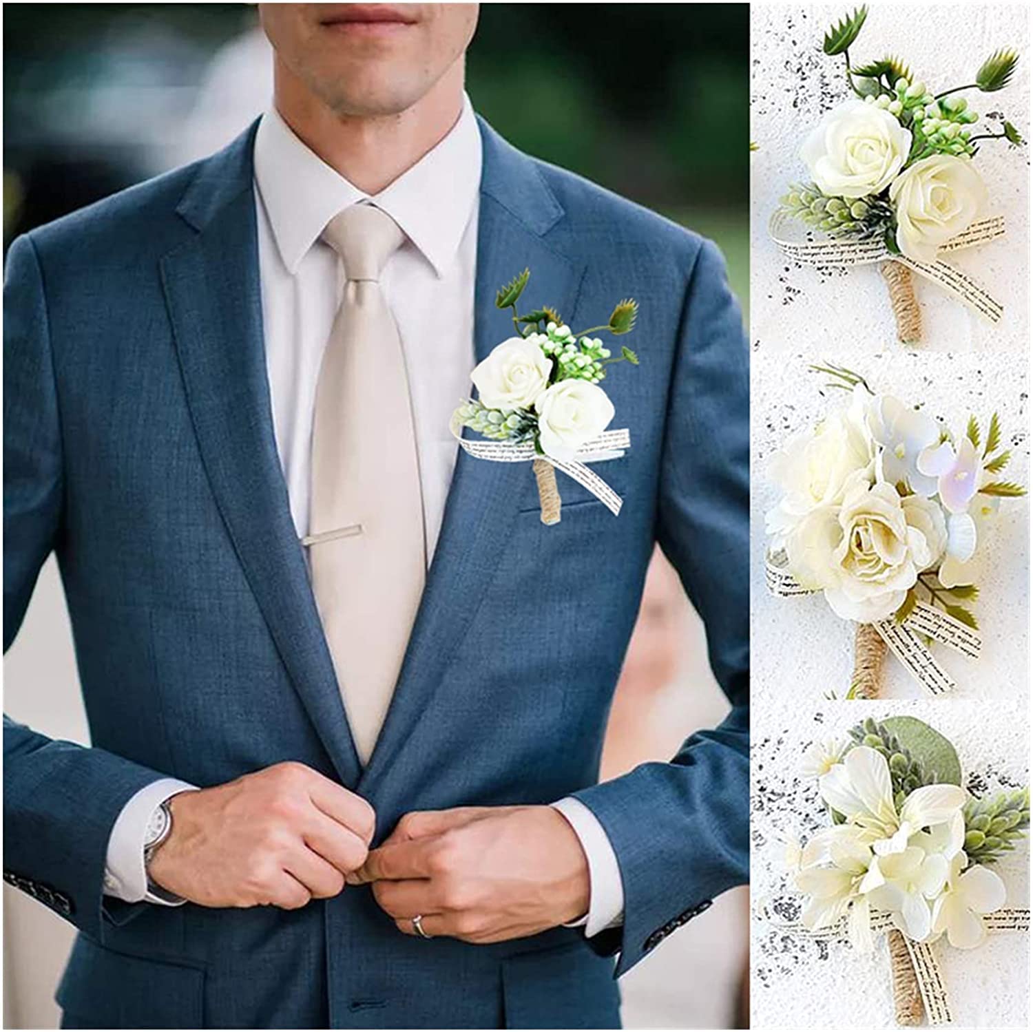 Handgelenkskorsagen für Hochzeiten， Künstliche Weiße Rose Blume Bräutigam Boutonniere Männer Corsage Event Zubehör Party Pin Dekoration(Style E)