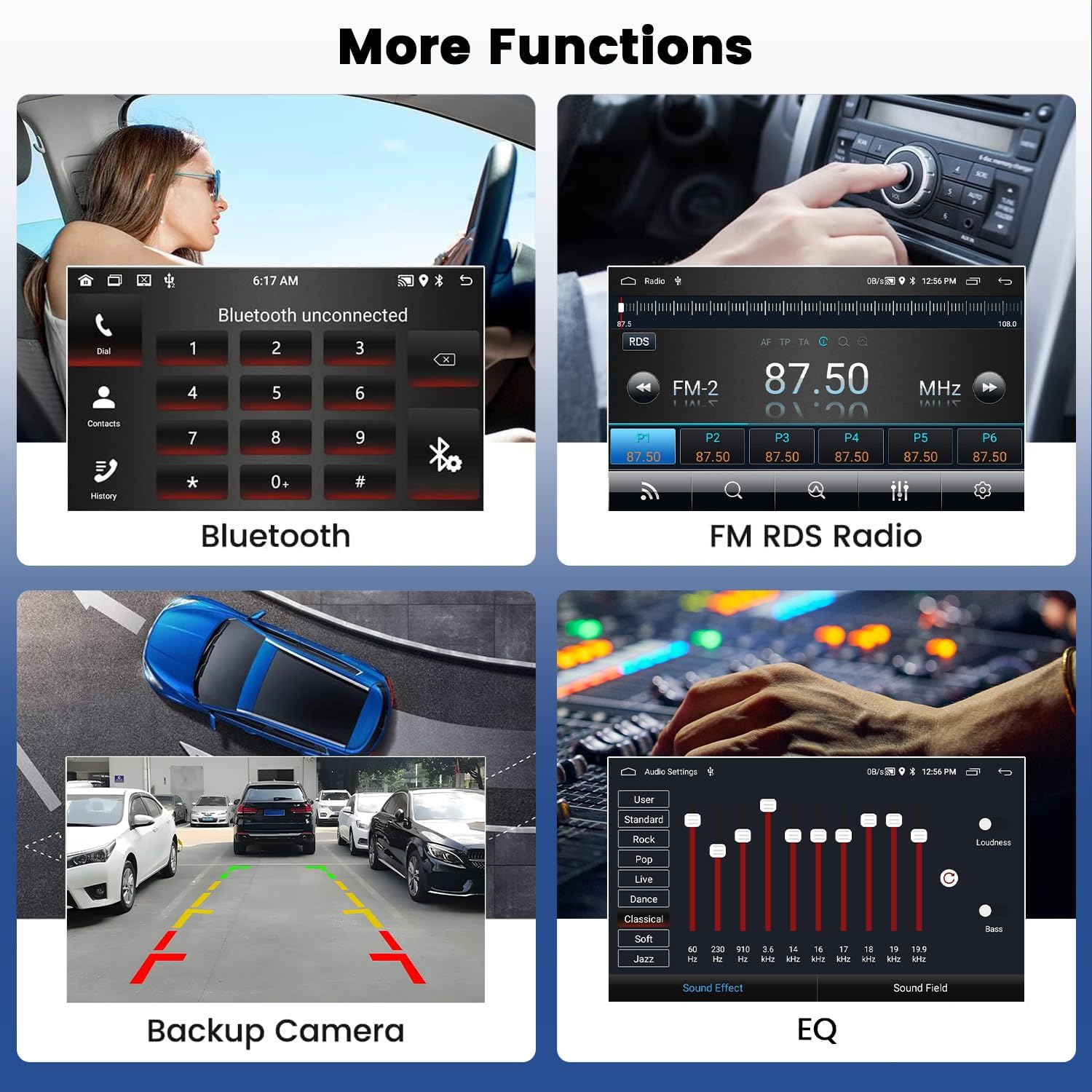 Four-panel image showing various functions: Bluetooth call interface, FM RDS Radio interface, Backup Camera view, and Audio Equalizer settings.