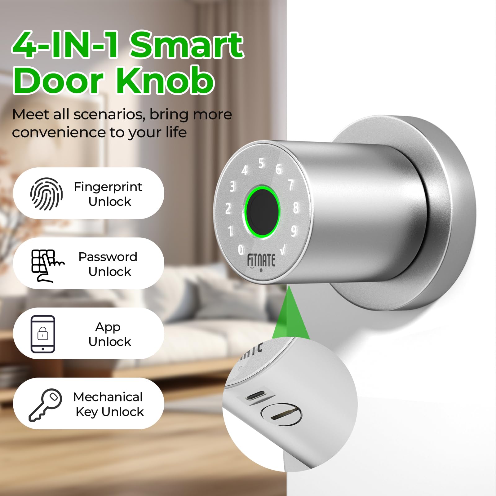 FITNATE Biometric Door Knob with Keypad, 4-in-1 Smart Door Lock(Fingerprint/App/Code/Key), Auto Locking - Image 2