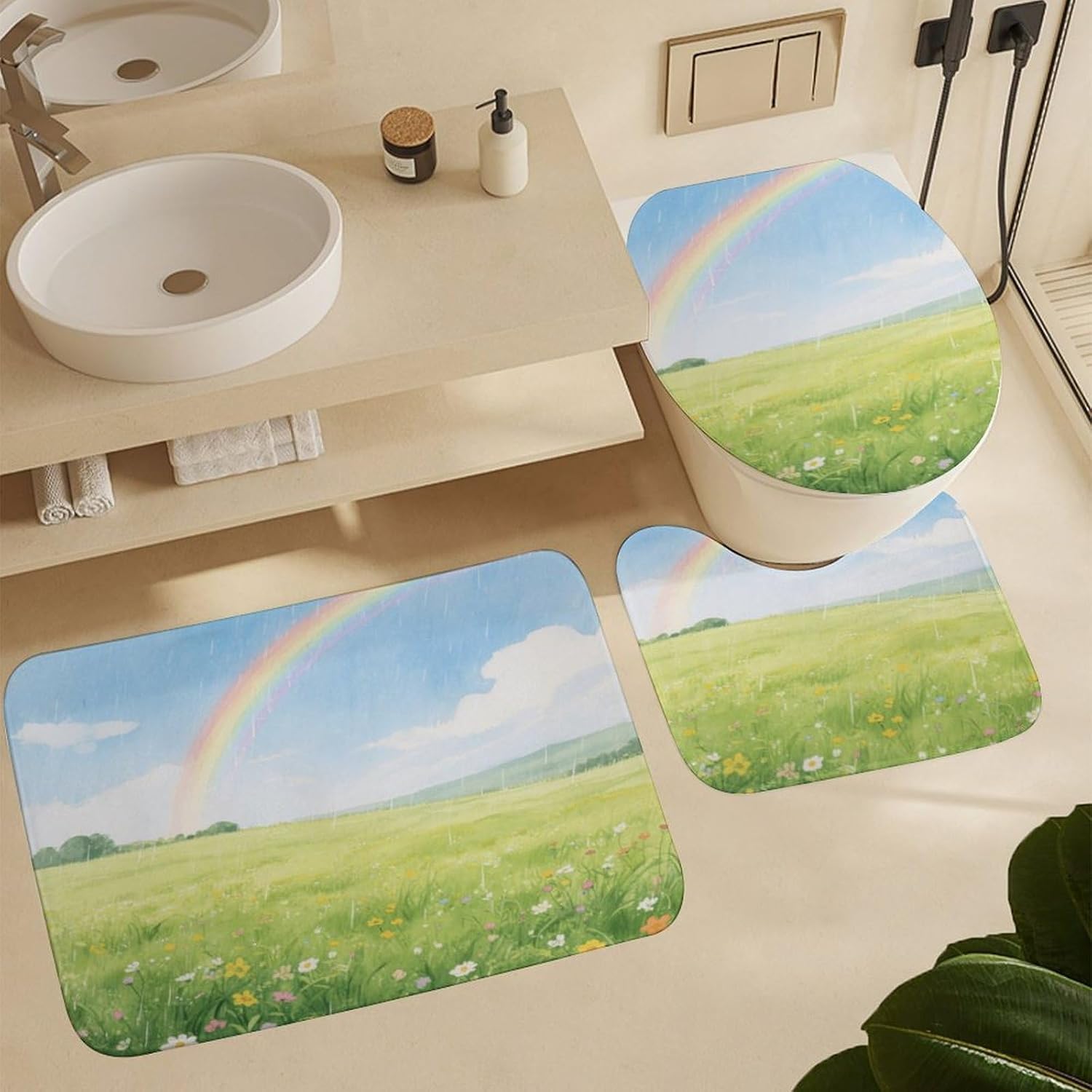 Field Under The Rainbow After The Rain Bath Rug Set 4 Piece,Bathroom Accessories Set-Toilet Rugs U Shaped,Toilet Lid Cover,Shower Curtain and Rugs,Ultra Soft, Absorbent,Home Decor