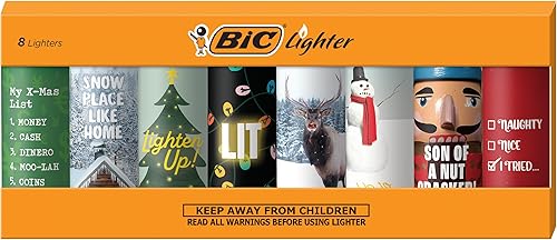 BIC Maxi encendedor de bolsillo, edición especial, colección navideña, varios diseños únicos de encendedores, paquete de 8 encendedores, relleno