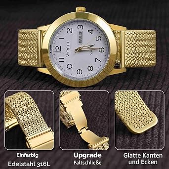 WOCCI Elite Metal Watch Strap for Men and Women Mesh Woven 316L Stainless Steel Quick Release Improved Deployment Clasp Strap Width 14 mm 16 mm 18 mm 20 mm 22 mm