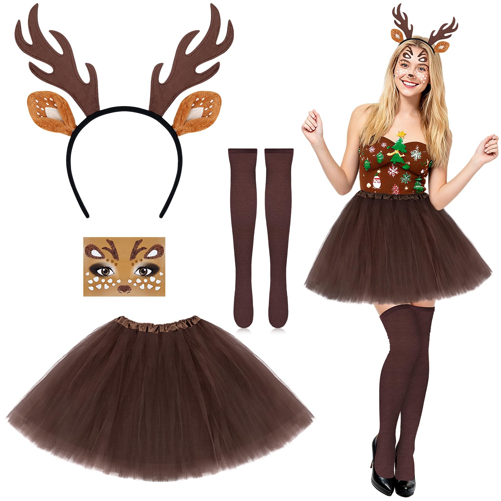 Yotako Reindeer Costume Adult, Deer Costumes with Reindeer Antler Headband,  Deer Face Tattoo, Tutu Skirt, Stockings, Halloween Christmas Fancy Dress  Outfits for Women Girls – BigaMart