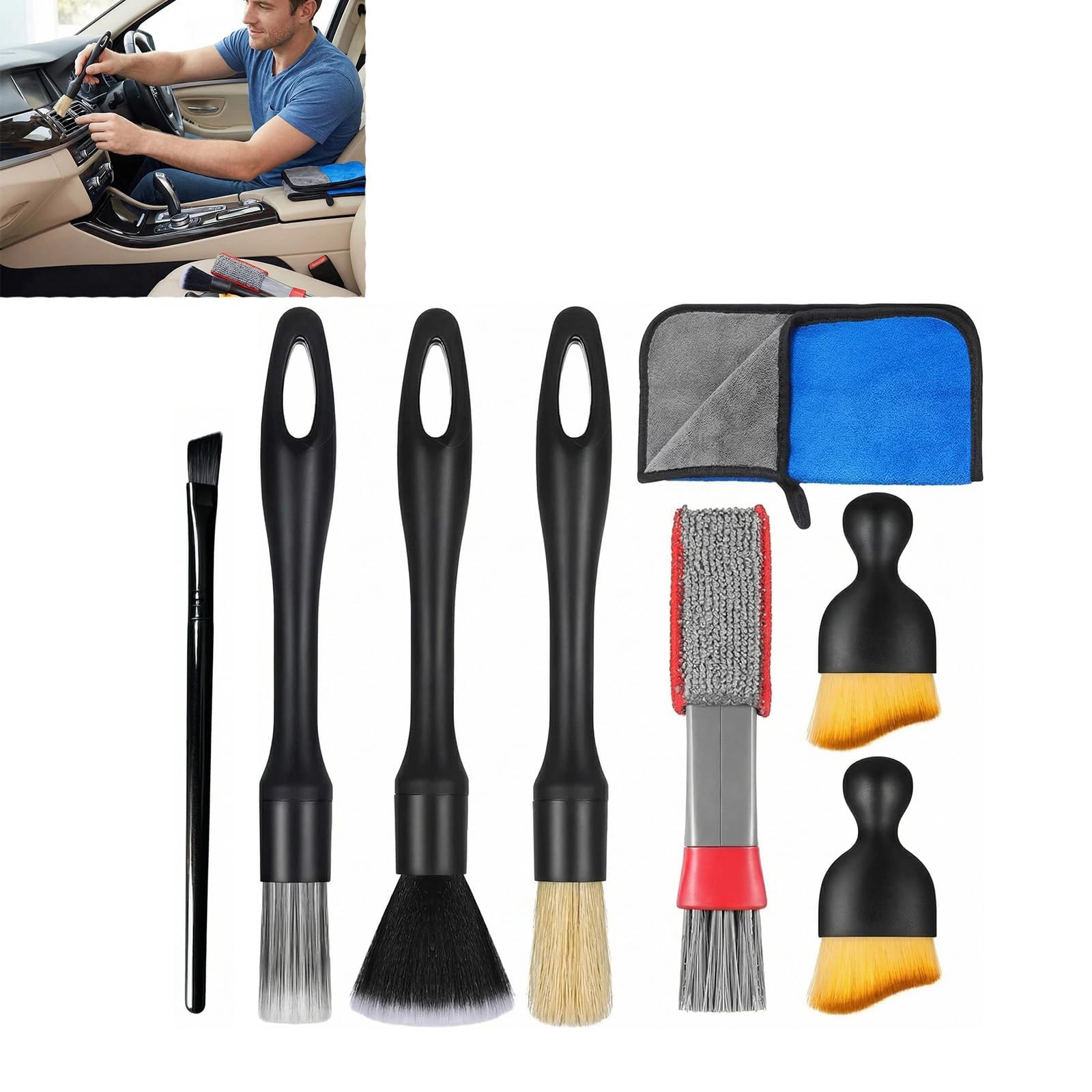 XiDeShop Set de 7 Cepillos de Limpieza para Autos - Kit de Detallado para Llantas, Interiores de Vehículos, Ventilaciones, con Toalla de Microfibra Ultra Absorbente para un Cuidado Completo