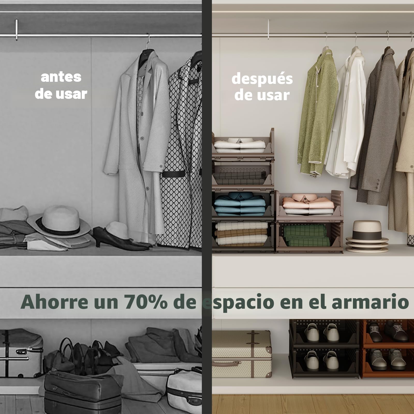 RMAN® Organizador Armario 8 pcs Cajones Extraíbles Plástico Marrón | Plegable, Apilable, Para Cocina Dormitorio Baño, Cajas Almacenaje Ropa