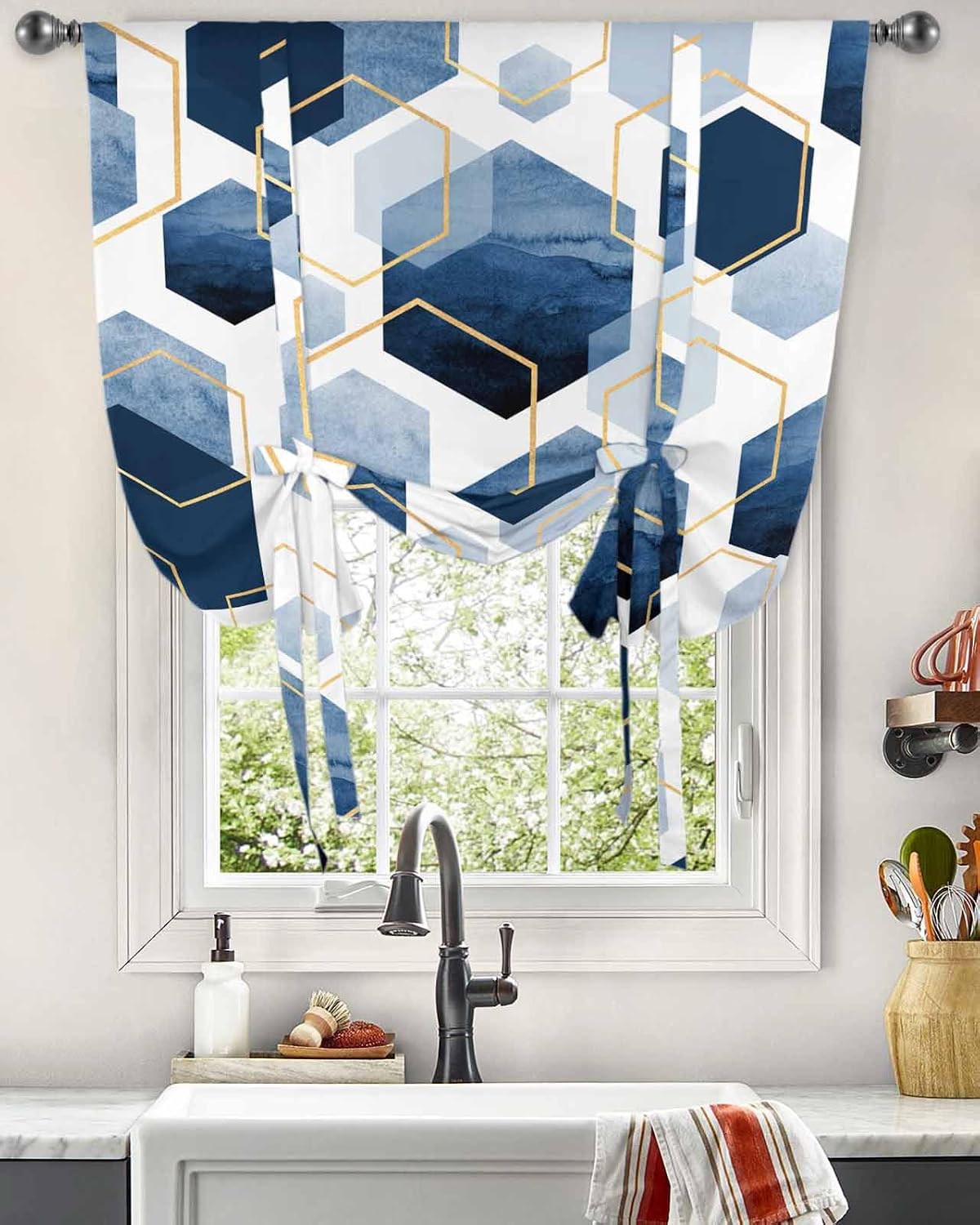 Navy Blue Marble Tie Up Curtains for Windows 63 Inch Length Balloon Curtains Kitchen Adjustable Balloon Window Shade Gold White Geometric Hexagon Modern Tie Up Valance Bathroom Curtain Window 52"x63"