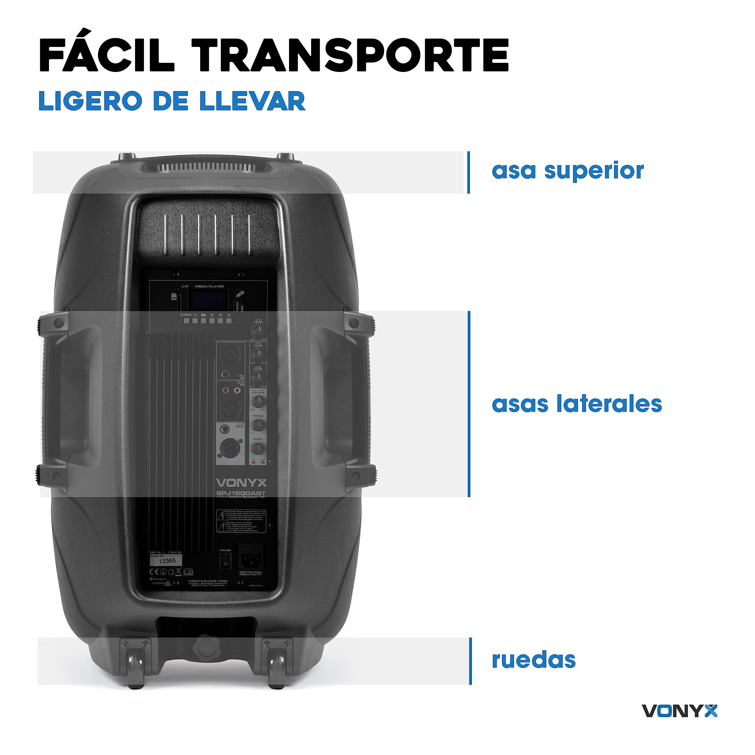 Vonyx SPJ-1500ABT Altavoz Activo 15” Autoamplificado 800W con Bluetooth, Reproductor MP3, USB/SD, Entrada Micrófono, Subwoofer Potente, Sonido Profesional para Fiestas, DJ, Eventos y Karaoke