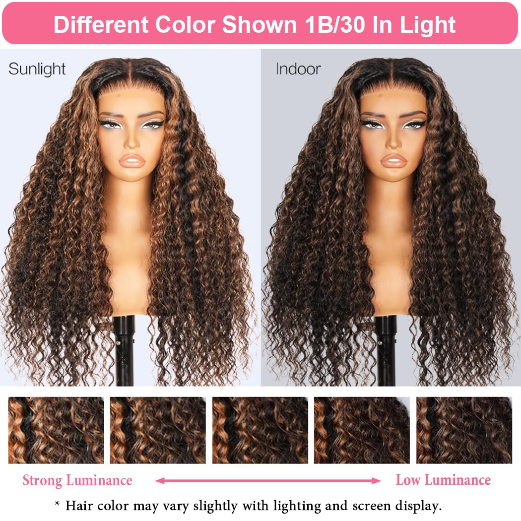 Deep Wave Glueless Wigs Human Hair Pre Plucked Pre Cut 7X5 Highlight Ombre HD Lace Front Wigs Human Hair Remy Curly Human Hair Wigs For Women With Drawstring Cap 18 Inch 1B/30 Balayage Color