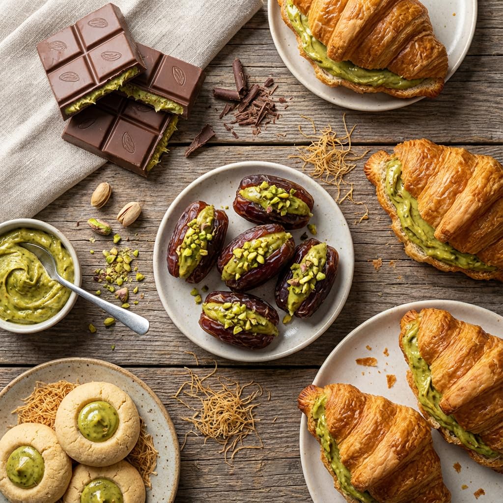 Bulk Dubai Chocolate Bar Filling - 2.2 lb (1 Kg) Ready to Use Pistachio Cream with Crispy Kataifi Filling for Viral Dubai Chocolate - Pistachio Butter Spread Cream Paste for Ice Crea, Cookie, Knafeh, Desserts, Pastries, Bread, Cakes & More (Bulk Dubai Chocolate Bar Filling)
