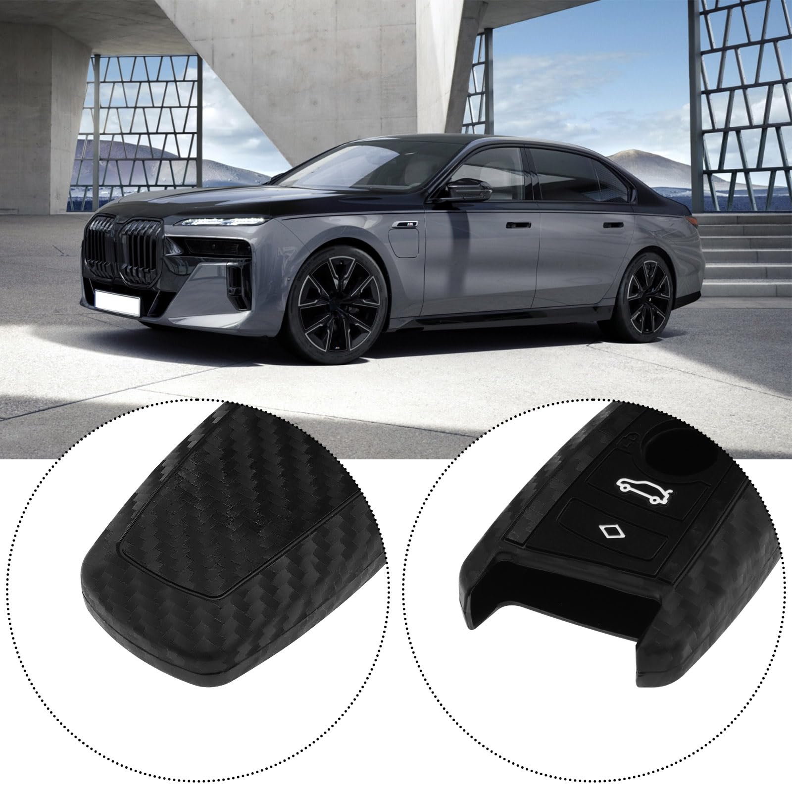EMSea 2pcs Carbon Fiber Pattern Soft Silicone Key Fob Shell Silicone Car Key Cover 3-Key Silicone Car Key Shell Compatible with BMW 1 3 5 7 Series - Image 4