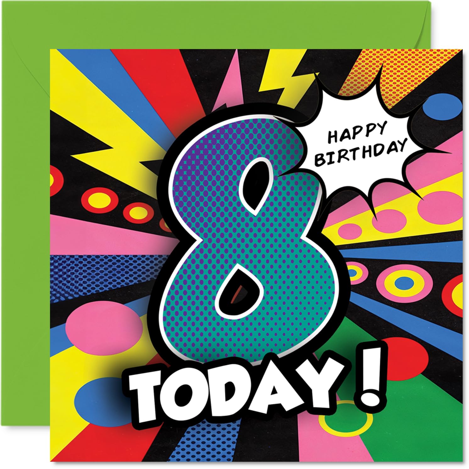 Celebratory 8th Birthday Card - Bursting with Birthday Excitement - Bold Comic Number 8 with Bright Colours - Adds Extra Fun to Their Big Day - 145mm Square, Envelope Included