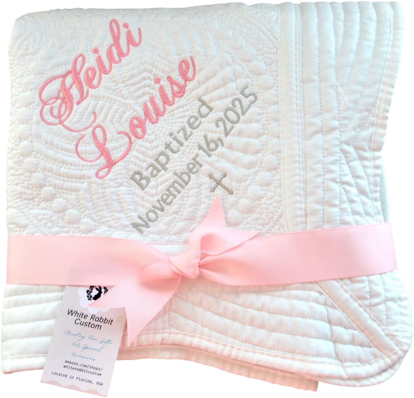 Personalized Baby Blanket Baptism Cotton Quilt Girl Boy Gift Embroidered Name Date Custom Monogrammed Grandparent Christian Gift Customized