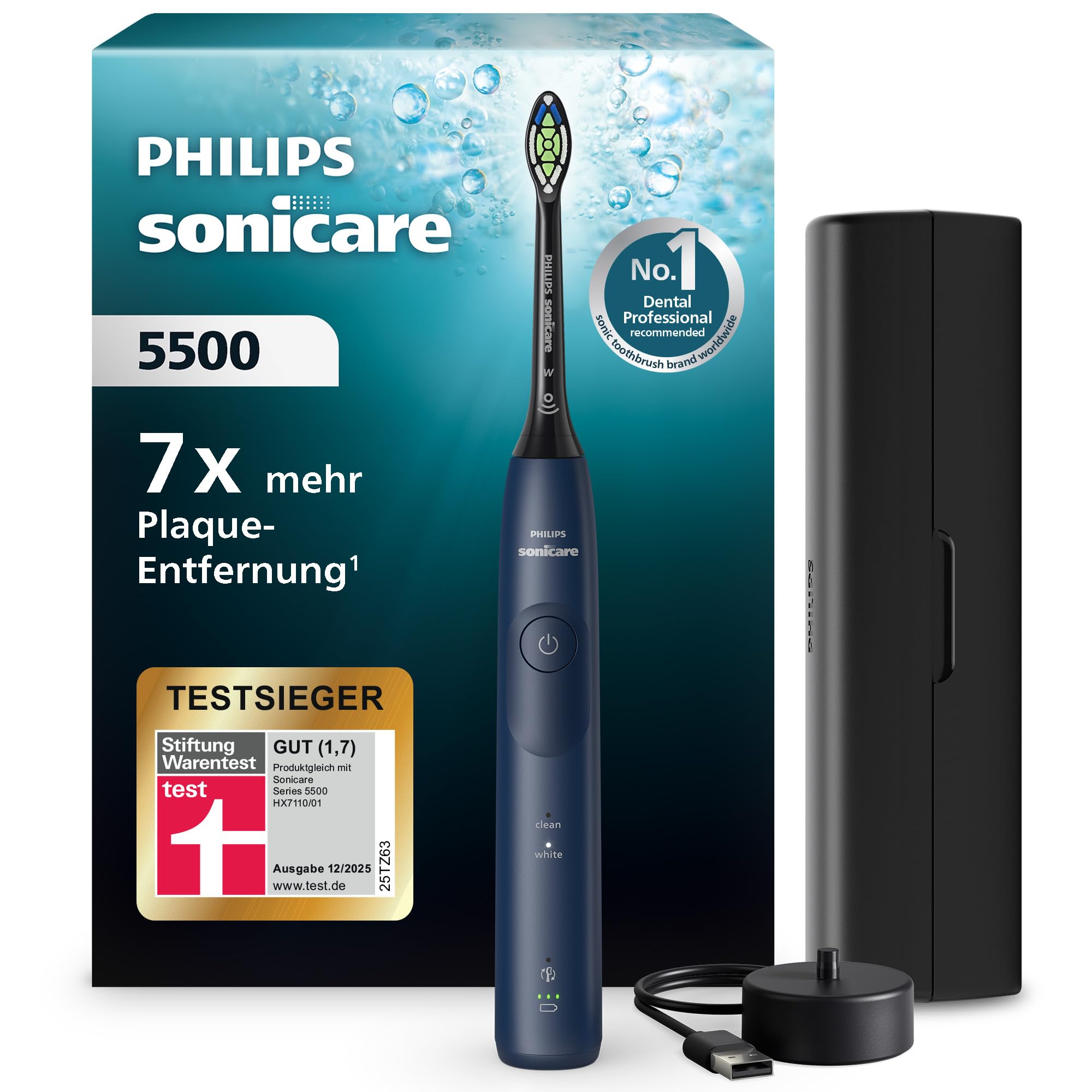 Philips Sonicare 5500 elektrische Zahnbürste, Schallzahnbürste mit 2 Putzmodi, Andruckkontrolle, EasyStart, SmarTimer und BrushPacer, Navy, Modell HX7113/01 [Neue Technologie]
