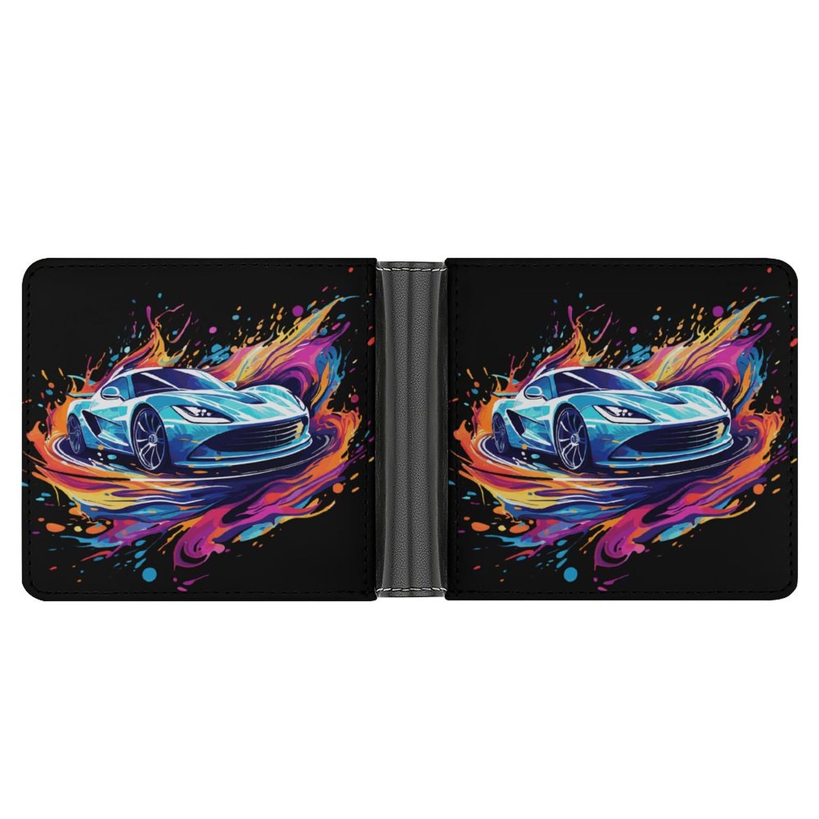 Blue Sports Car Bifold Wallet PU Leather Coin Purse Lightweight Credit Card Holder Wallet Money Clip