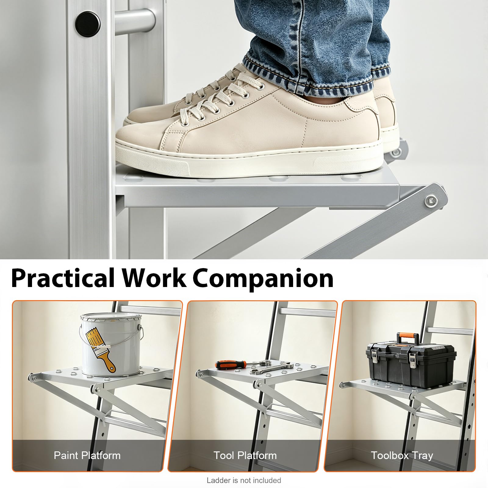 Échelle de travail à suspendre, pliable, pour échelle multifonction, plateforme articulée avec capacité de charge de 150 kg, antidérapante, structure triangulaire, plateau à outils, argent, bords