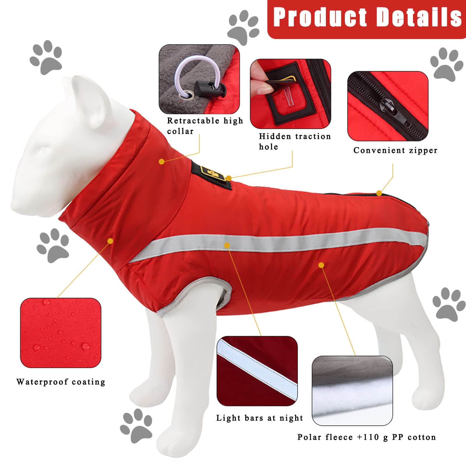 Giacca Invernale per Cani di Taglia Media e Grande, Abbigliamento Impermeabile in Pile Riflettente, Cappotti per Cuccioli all'Aperto per Bulldog (5XL/60cm, Rosso)