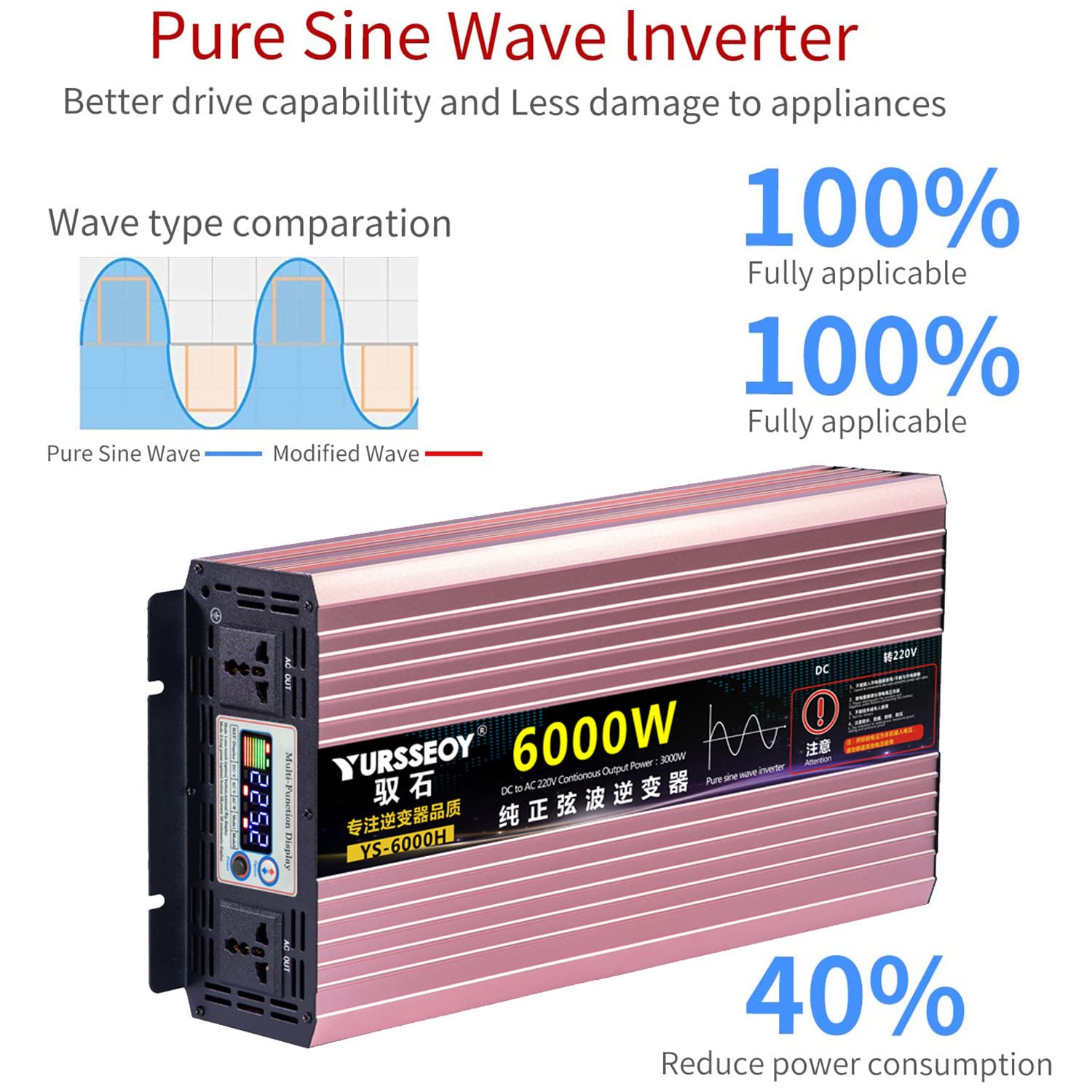Przetwornica sinusoidalna 1600W 2600W 3200W 4000W 5000W 6000W 7000W 8000W 10000W przetwornica napięcia 12V 24V 48V 60V 72V na 230V przetwornica prądu przetwornica z gniazdami AC,ekran LCD,10000W-12V