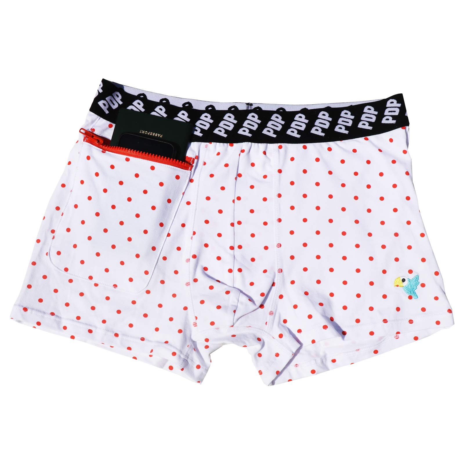 Polka Dot Polly Men's White Pickpocket Proof Travel Secret Stash Zip Up Pocket Underwear (M)