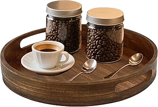 Round Decorative Tray,Wooden Serving Tray with Handles, 11.8in Vintage Brown Decorative Trays for Coffee Table,Kitchen Counter,bandejas decorativas