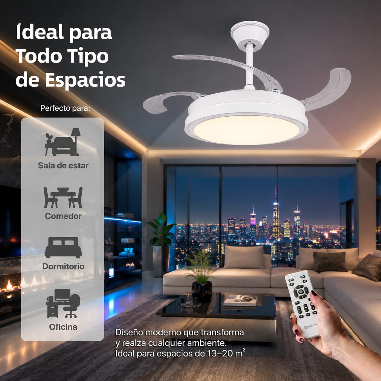 IluminaShop Ventilador de Techo con luz LED White-Faro Motor DC 30W+Luz 40W, Luz CCT Regulable y Control de Intensidad, Función Silenciosa, 6 Velocidades, 4 Aspas Retráctiles