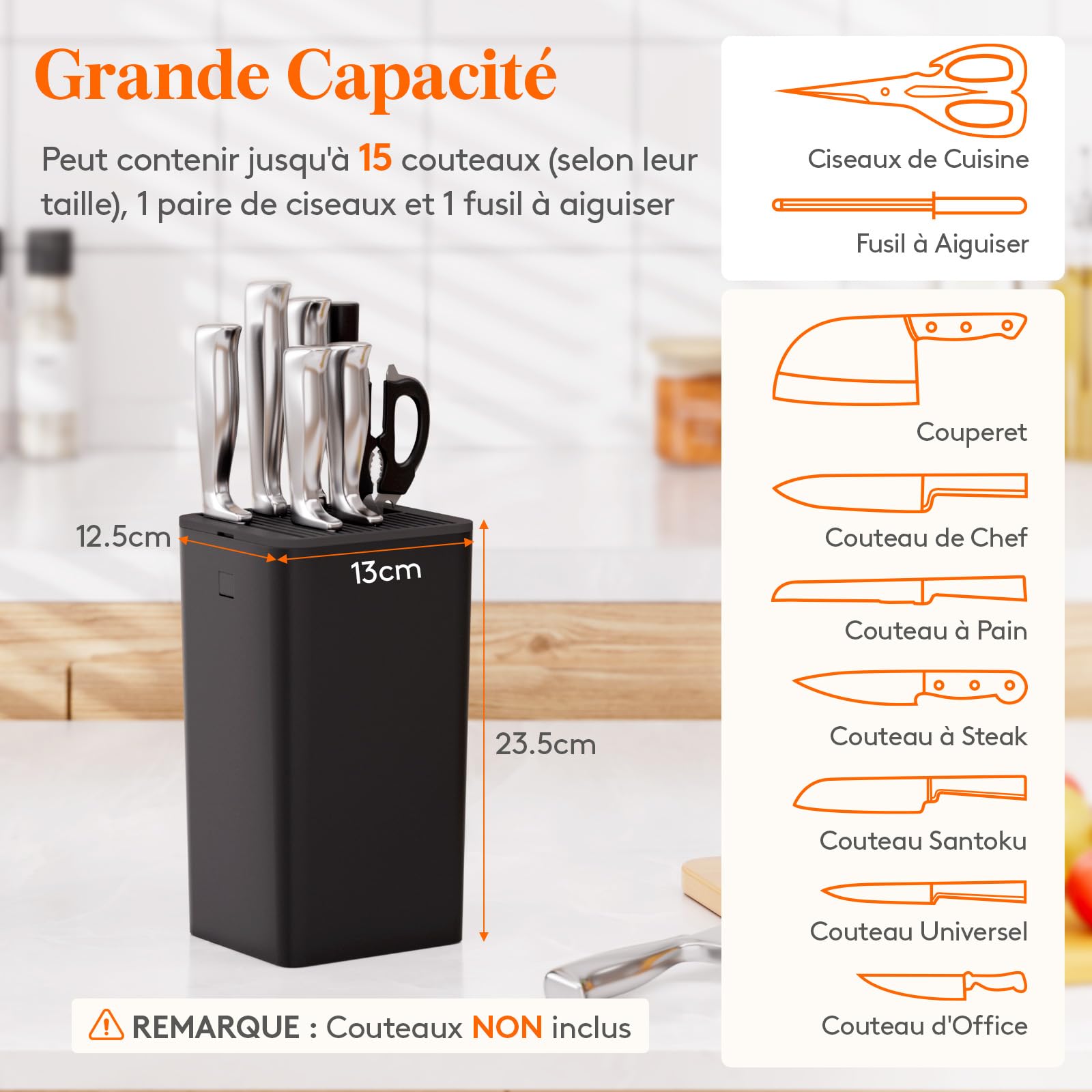 Lifewit Bloc à couteaux universel sans couteau, pour jusqu'à 15 pièces, avec fente pour ciseaux de cuisine et aiguiseur