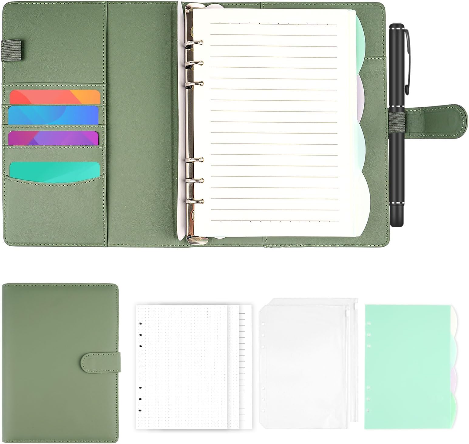 Ring Binder A5 Refillable, Notebook A5 with 135 Sheets Refill Paper and Binder Pockets, 6 Rings Notebook DIN A5 Ring Binder for School Notes, Travel Diaries, Planner (Green)