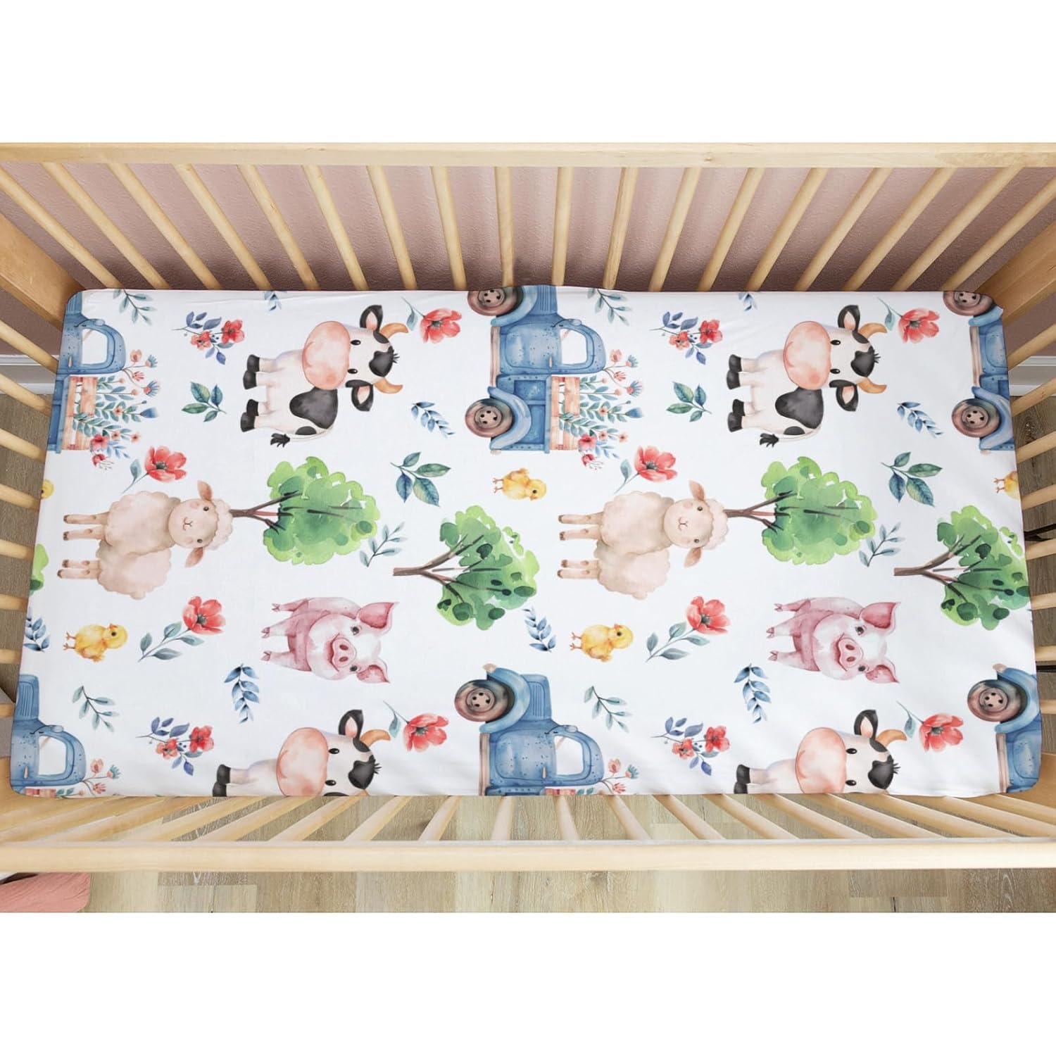 Farm Animal Baby Crib Sheets for Standard Crib Toddler Mattress Sheets Sheep Cow Pig Neutral Fitted Crib Sheet Toddler Bed Sheet Stretchy Portable Breathable Sheet Set Mattress Cover 28''×52''
