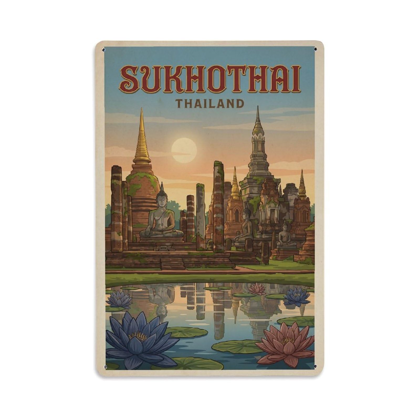Thailand Sukhothai Travel Vintage Metal Tin Sign Plaque Wall Decor for Cafe, Club Bar, Office, Garden Metal Poster 8x12Inch