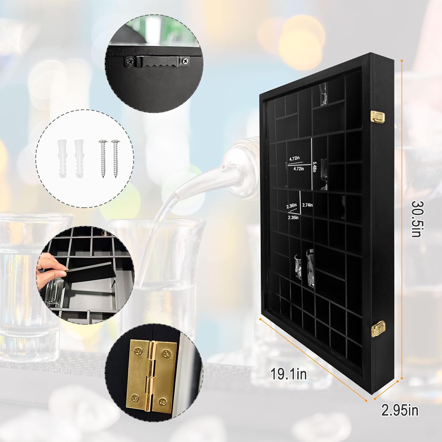 Shot Glass Display Case for Wall, 54 Slots with Removable Shelves for Different Sizes Glasses, 30.5x19.1'', Black, Transparent Acrylic Lockable Door