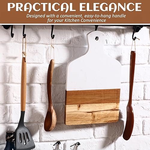 Miniatura 4 de Tabla de cortar de 2 piezas de mármol y madera de acacia, tabla de queso blanco para cortar embutidos con mango, juego de embutidos de mármol de