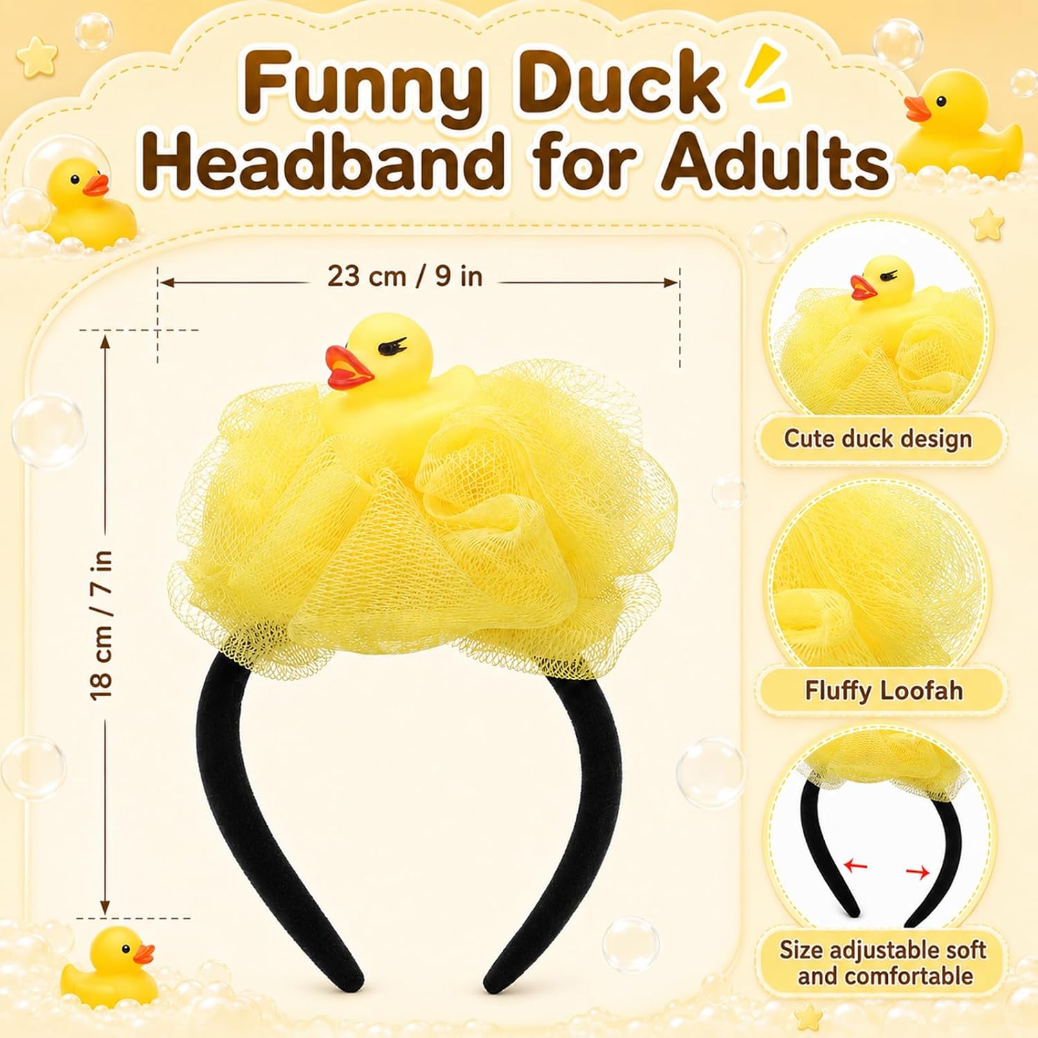 Halloween Loofah Headband for Adult Funny Shower Loofah Costume Headband with Duck Bath Sponge Cosplay Hair Accessory Cute Duck Spa Party Dress up Headpiece for Halloween Costume (Yellow)