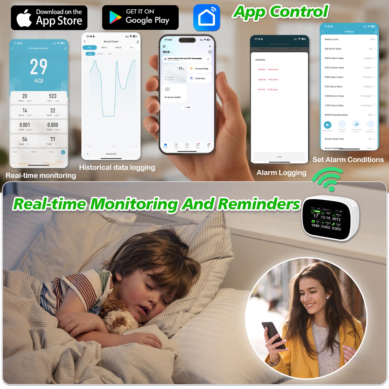 Smart Air Quality Monitor Indoor, WiFi Air Quality Tester with APP Remote Control for AQI CO2 PM2.5 HCHO TVOC Temperature Humidity, Wall-Mounted Air Detector for Home Office – Black 4 71fUtGI3zaL. SL1500