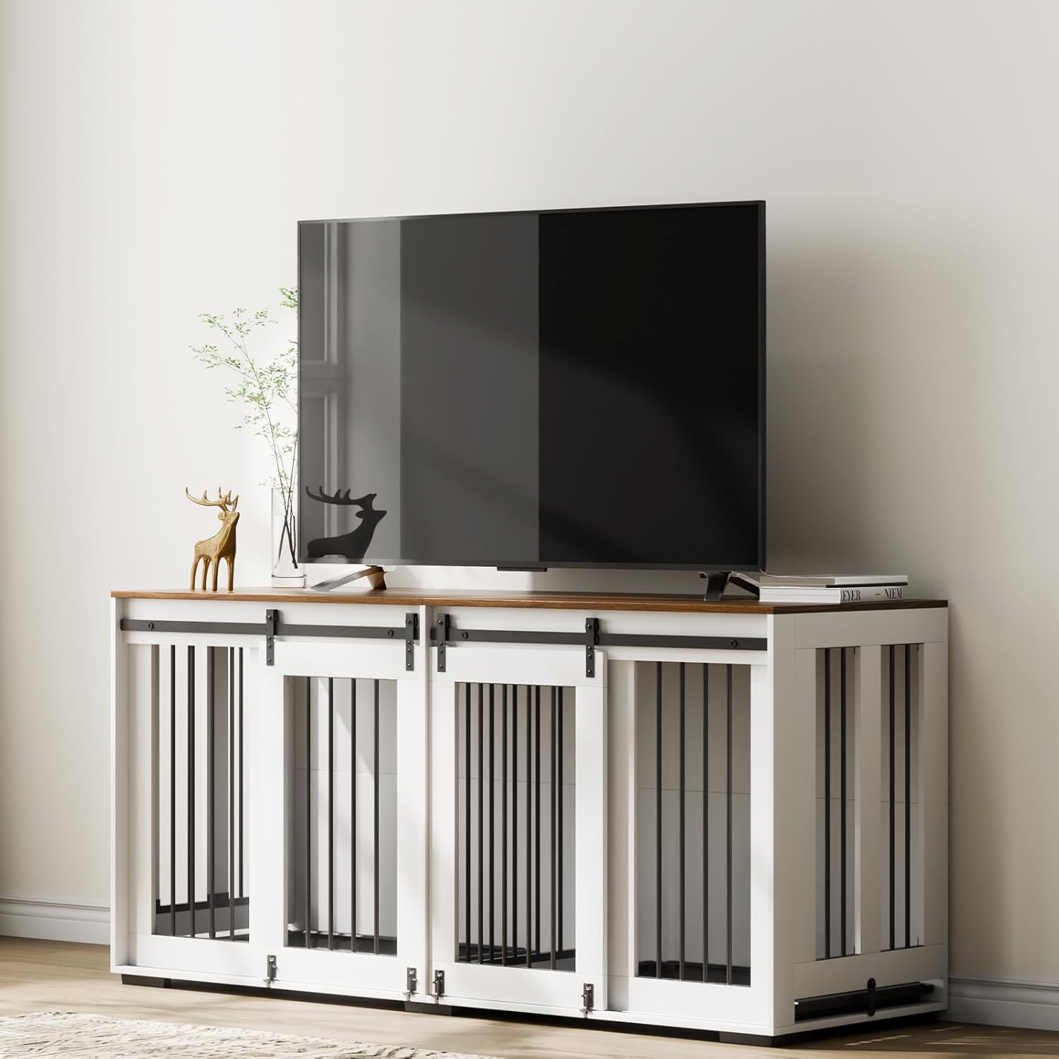 VEVOR 72"Dog Crate Furniture for 2 Dogs,Double Dog Crate Furniture with Double Sliding Doors,Large Dog Crate TV Stand with Removable Tray,Steel Frame Double Dog Crate for Small,Medium,Large Dogs White