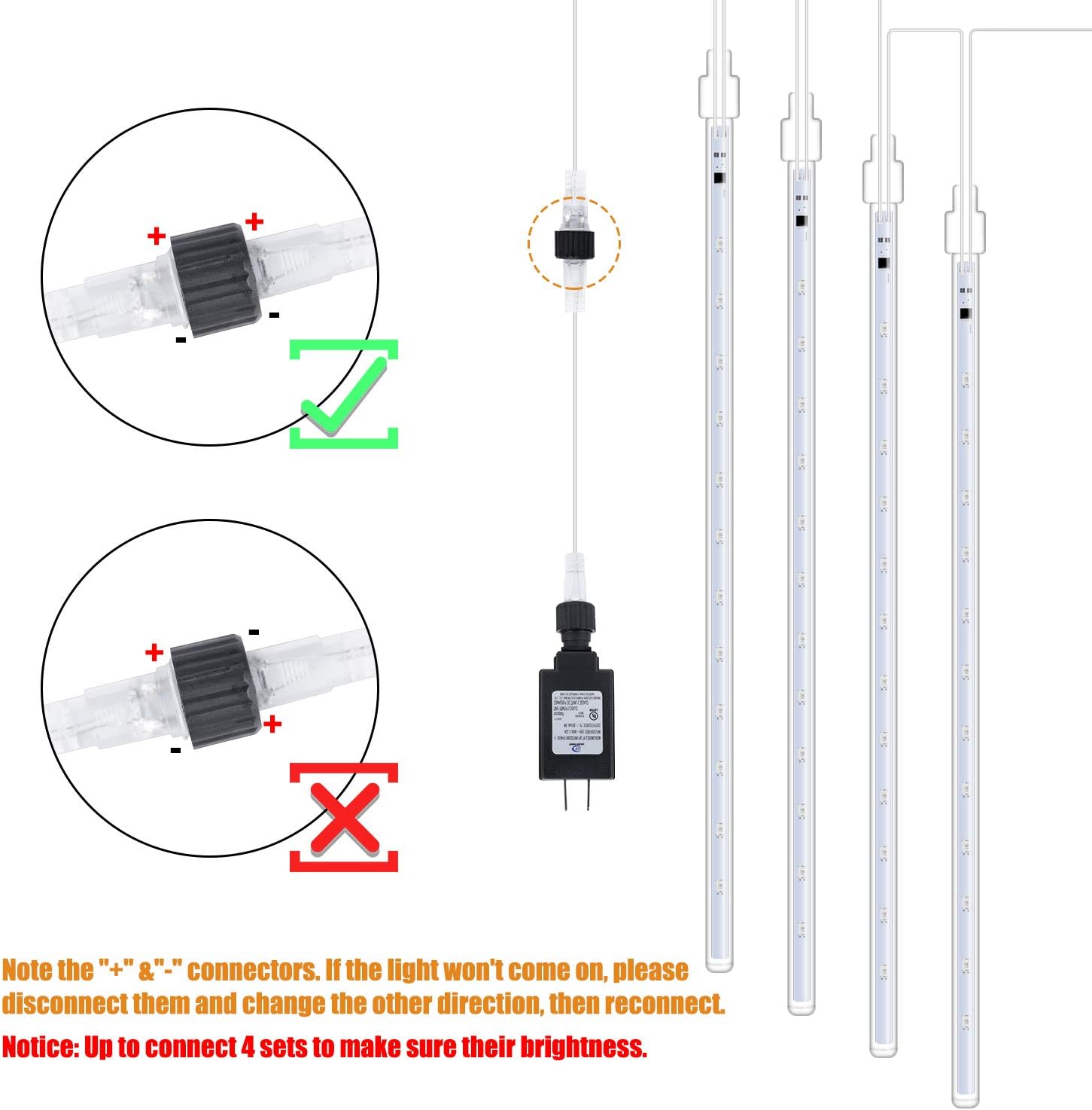 Diagram showing correct and incorrect polarity for connecting light tubes