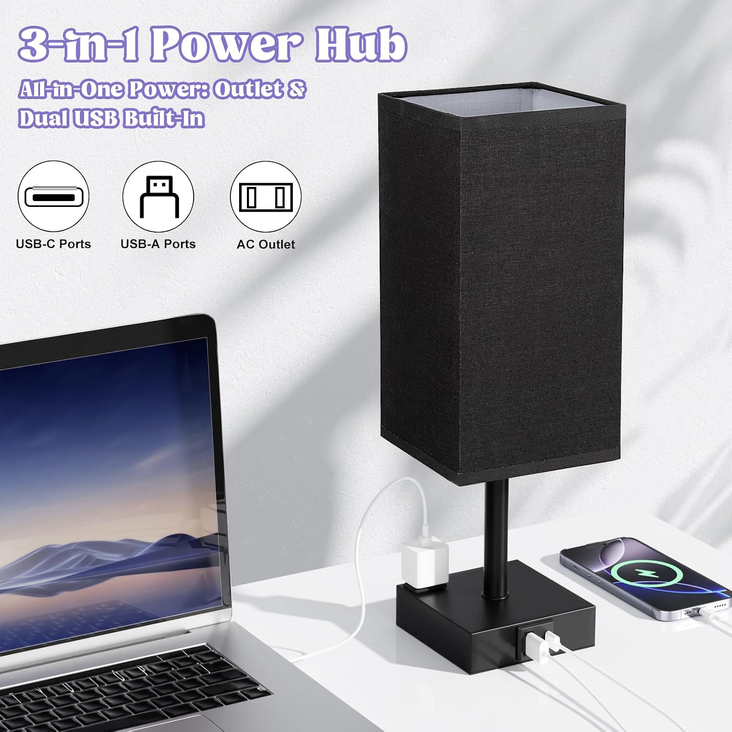 Black Bedside Table Lamp for Bedroom - Dimmable Touch, USB C+A, AC Outlet 4 71fUtIOMIOL. AC SL1500