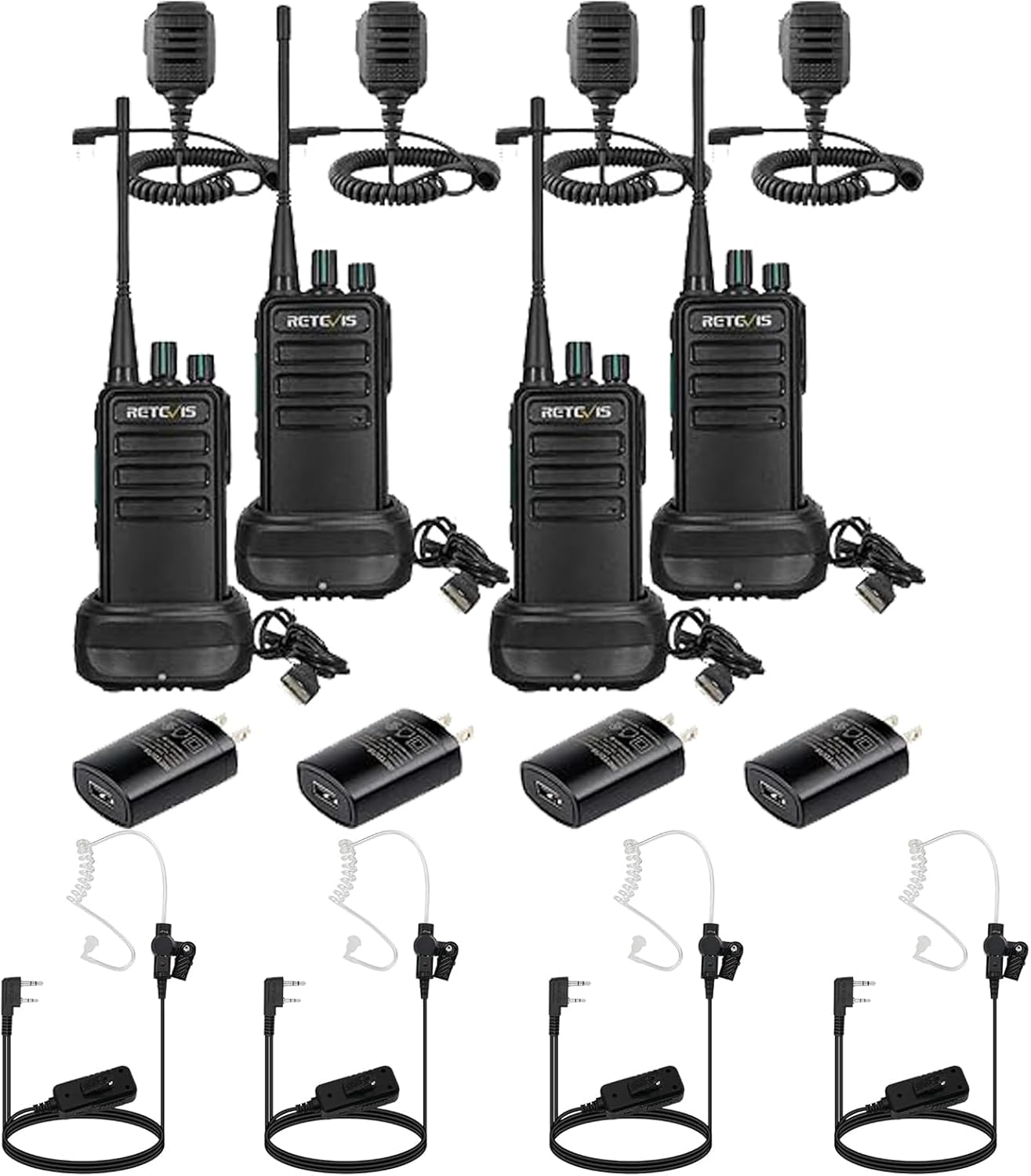 Retevis RB29 2 Way Radio Long Range(4 Pack) with AI Active Noise Cancelling Two Way Radio Earpiece(4 Pack)，Two Way Radios with Waterproof Shoulder Mic,USB Charging Base,Rugged Walkie Talkies