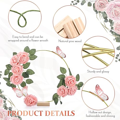 Miniatura 2 de El kit de 6 centros de mesa de aro floral incluye 6 anillos de corona de metal con 6 bases de madera, 25 rosas para decoración de mesa de boda en el