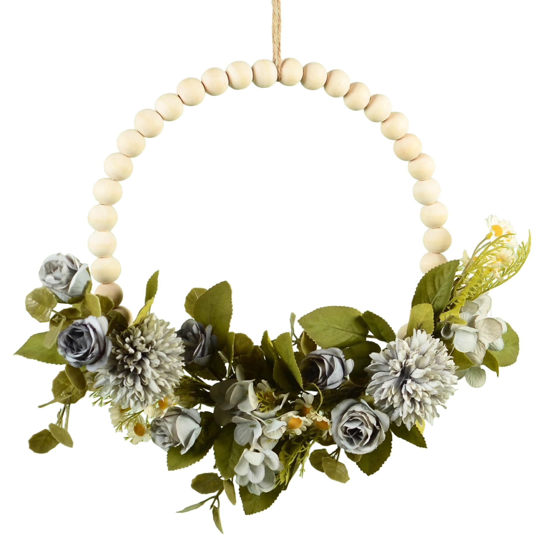 CAKEEYUM Wood Bead Wreath Beaded Wreath with Artificial Flowers Beaded Farmhouse Decor for Indoor Wall Window Wedding Home Decoration