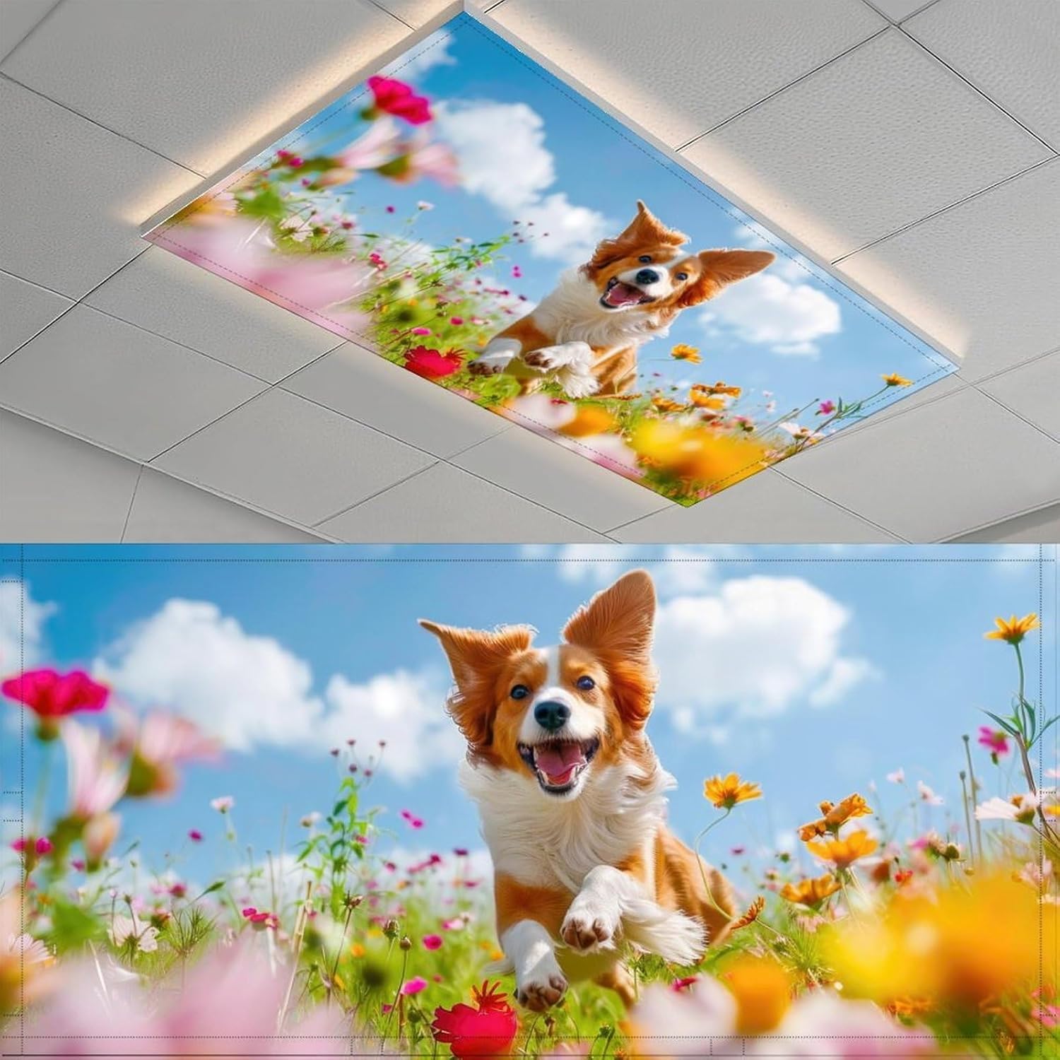 2PCS Cute Dog Magnetic Fluorescent Light Covers for Ceiling Lights 4x2 Ft, Classroom Light Filters Reduce Glare & Eye Strain, Decorative Light Diffuser Panels for School Office Home