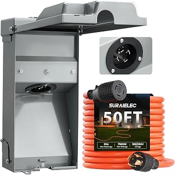 SURAIELEC 30 Amp 50Ft Generator Cord and Power Inlet Box, ETL Listed Outlet