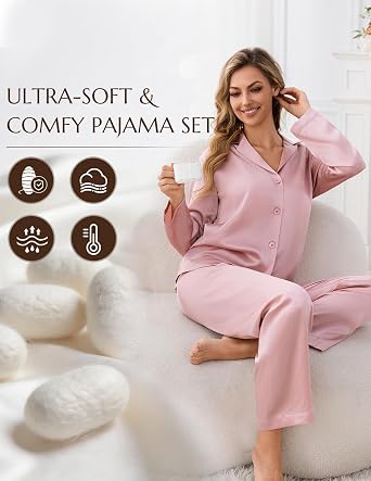 THXSILK 6A+ 100% Mulberry Silk Pajamas for Women, 22 Momme Pure Silk Long Sleeve Sleepwear Nightwear Soft Pj Lounge Sets