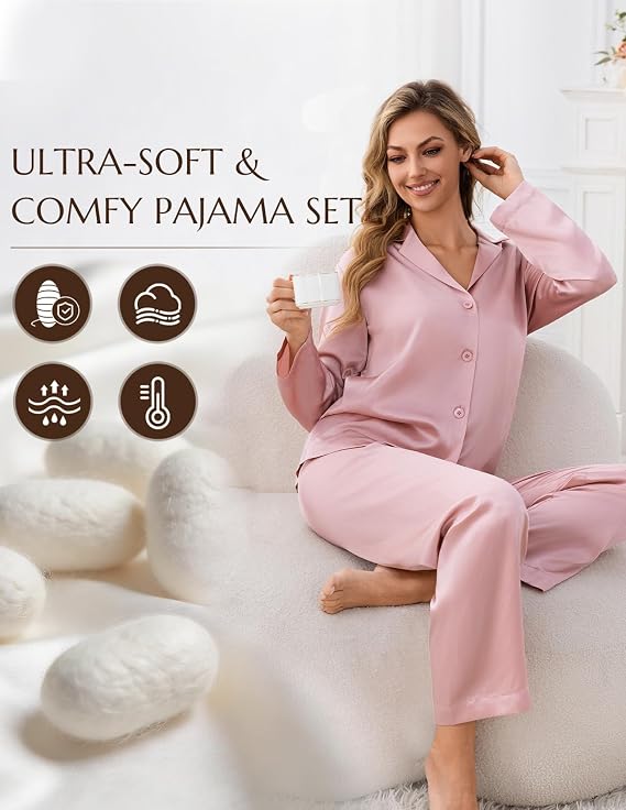 THXSILK 6A+ 100% Mulberry Silk Pajamas for Women, 22 Momme Pure Silk Long Sleeve Sleepwear Nightwear Soft Pj Lounge Sets