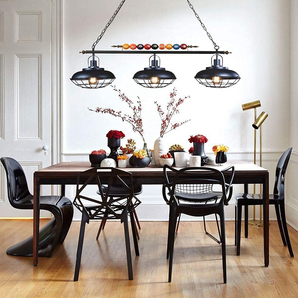 REMAZ Chandeliers,Creative Billiard Chandelier Industrial Island Lighting Fixture 3 Lights Vintage Pool Table Light Bowl Cage Shade with Billiard Ball Decoration for Kitchen